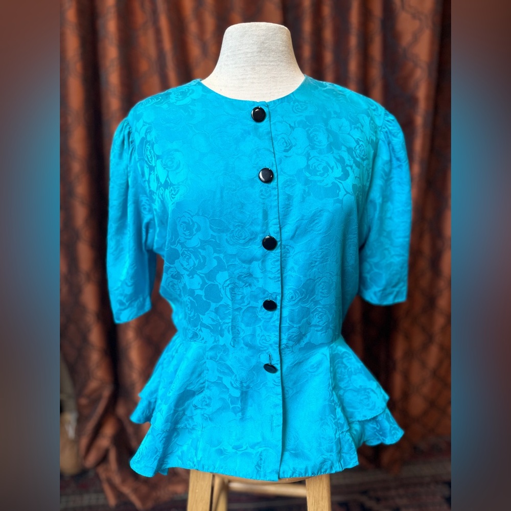 Adrianna Papell vintage peplum 100% silk floral button-up blouse